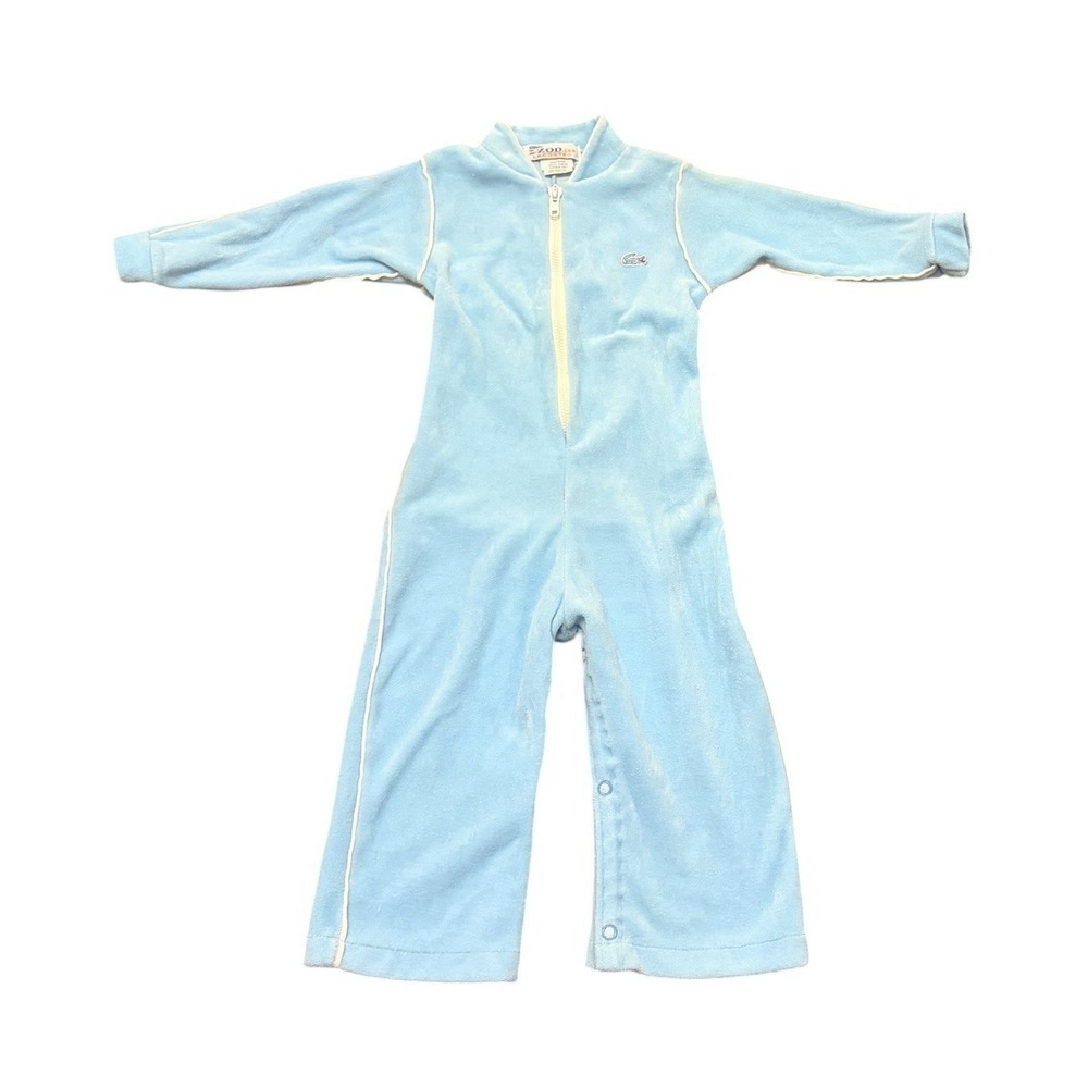 VTG Lacoste Izod‎ Velour Jumpsuit 18 Mos Zip Alligator Flight Logo Lt Blue 80s